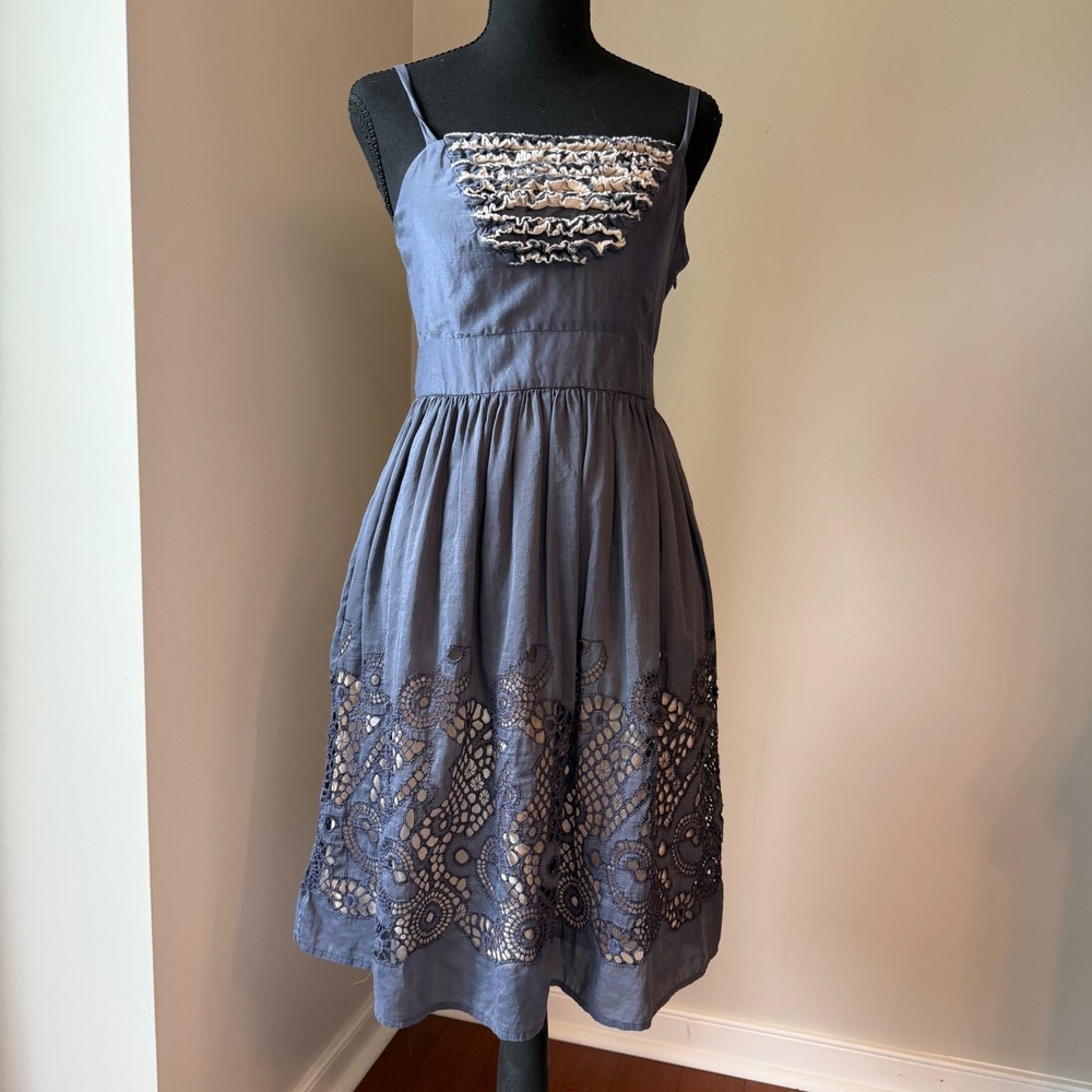 Anthropologie Burlapp Fit & Flare Dress 4 Blue Cotton Silk Eyelet Lace Ruffle